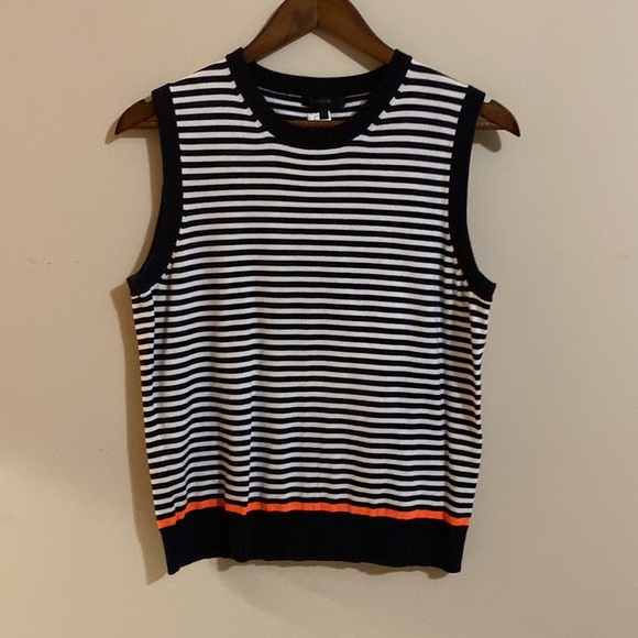 J Crew Women’s Striped Crewneck Sweater Vest, Navy Blue White Orange, Size large - Picture 2 of 4